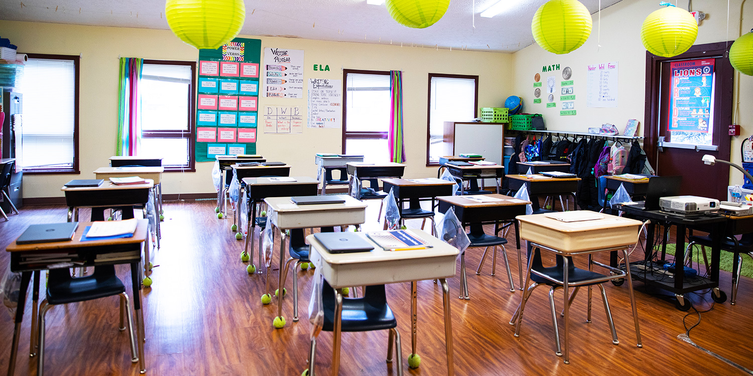 Bright elementary classroom.